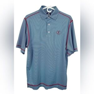 FJ Footjoy Men’s Polo Golf Shirt Short Sleeve Blue Striped Red Trim Size Small